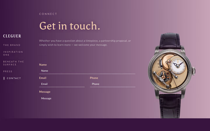 Page contact de Cleguer Horology — formulaire de prise de contact