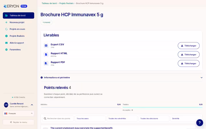 Livrables d'une relecture EryonOne - export CSV, rapport HTML et rapport PDF téléchargeables