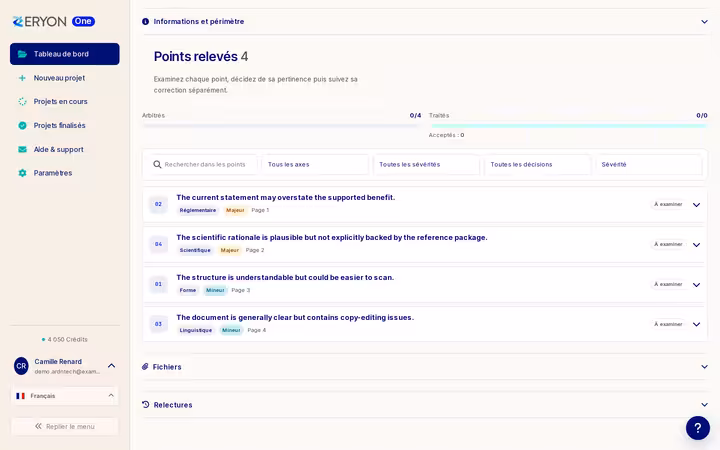 Points relevés par EryonOne - un constat par axe, avec sa sévérité et sa page, à valider ou écarter