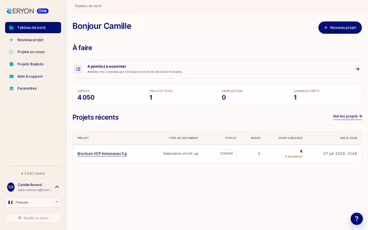 Tableau de bord EryonOne - points à examiner, solde de crédits, projets récents
