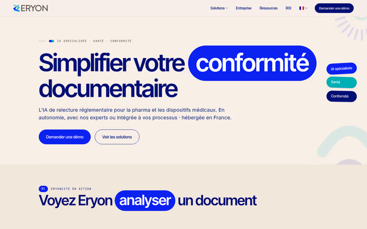Page d'accueil du site Eryon v2 - IA souveraine pour la conformité pharma et MedTech