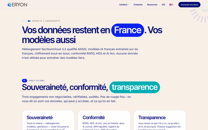 Page Sécurité et souveraineté d'Eryon - SecNumCloud, RGPD, HDS, AI Act