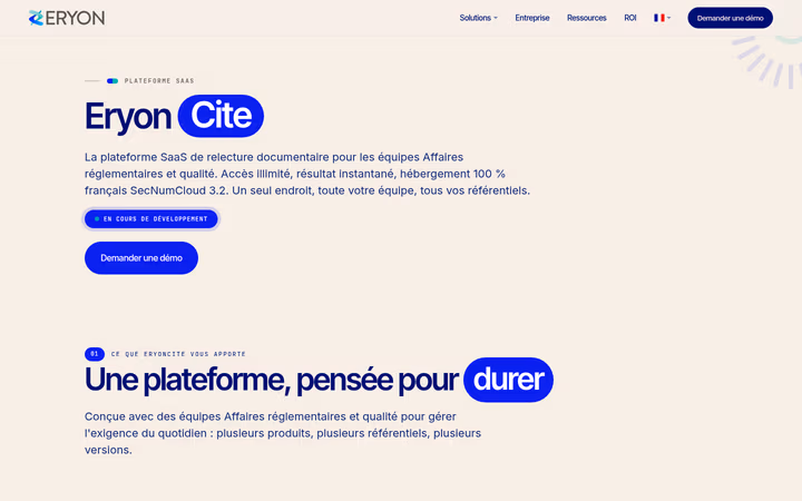 Page produit EryonCite - plateforme SaaS de relecture documentaire