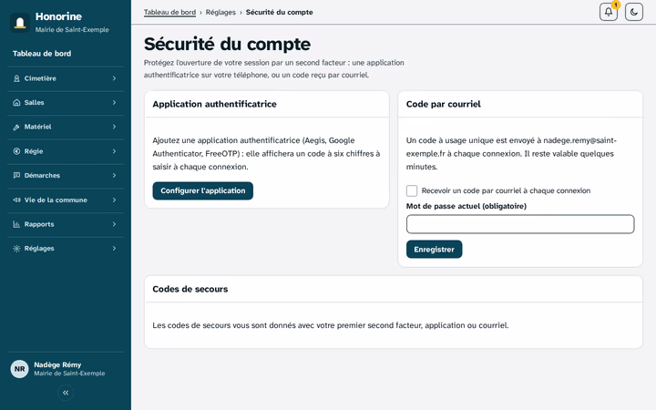 Sécurité du compte dans Honorine - second facteur par application authentificatrice ou par courriel