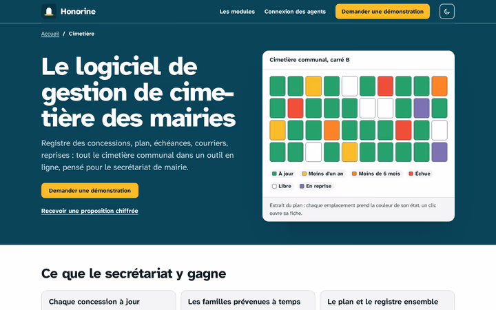 Module cimetière du site Honorine - plan du cimetière, chaque emplacement à la couleur de son état