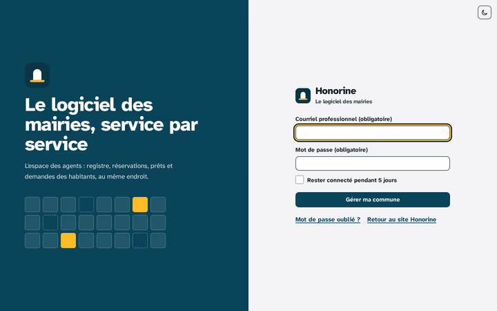 Espace des agents d'Honorine - écran de connexion