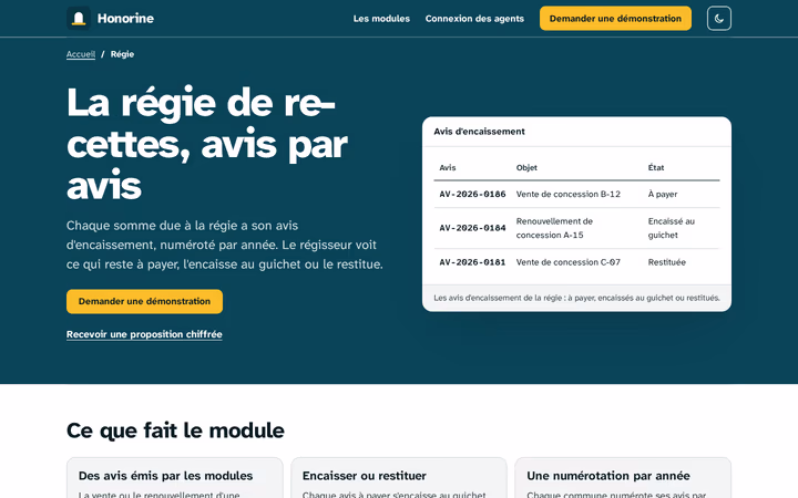 Régie de recettes sur le site Honorine - les avis d'encaissement et leur état