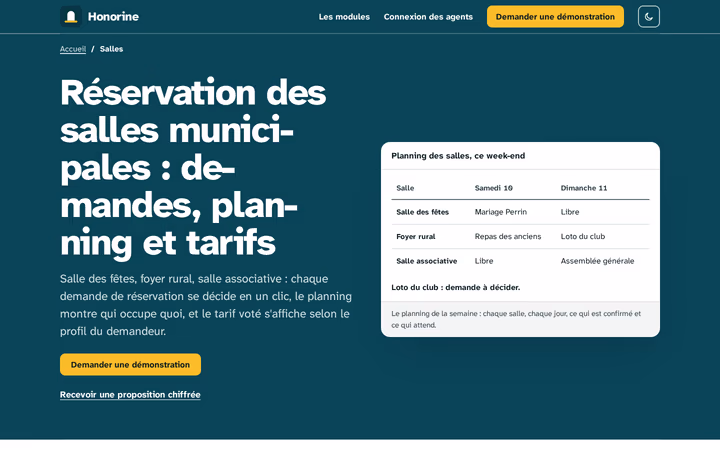 Réservation des salles municipales sur le site Honorine - le planning du week-end