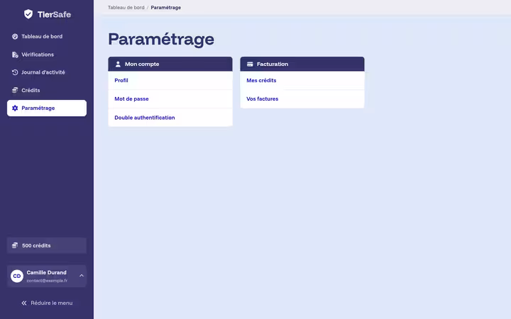 Paramétrage TierSafe - profil, mot de passe, double authentification et facturation