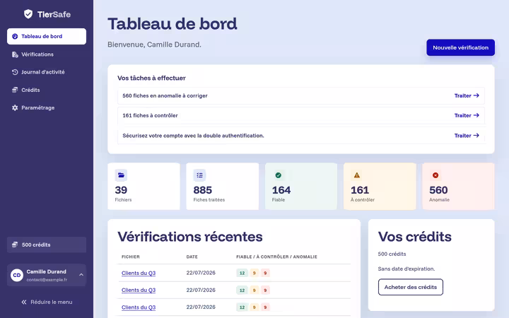 Tableau de bord TierSafe - tâches à effectuer, compteurs de fiches et vérifications récentes